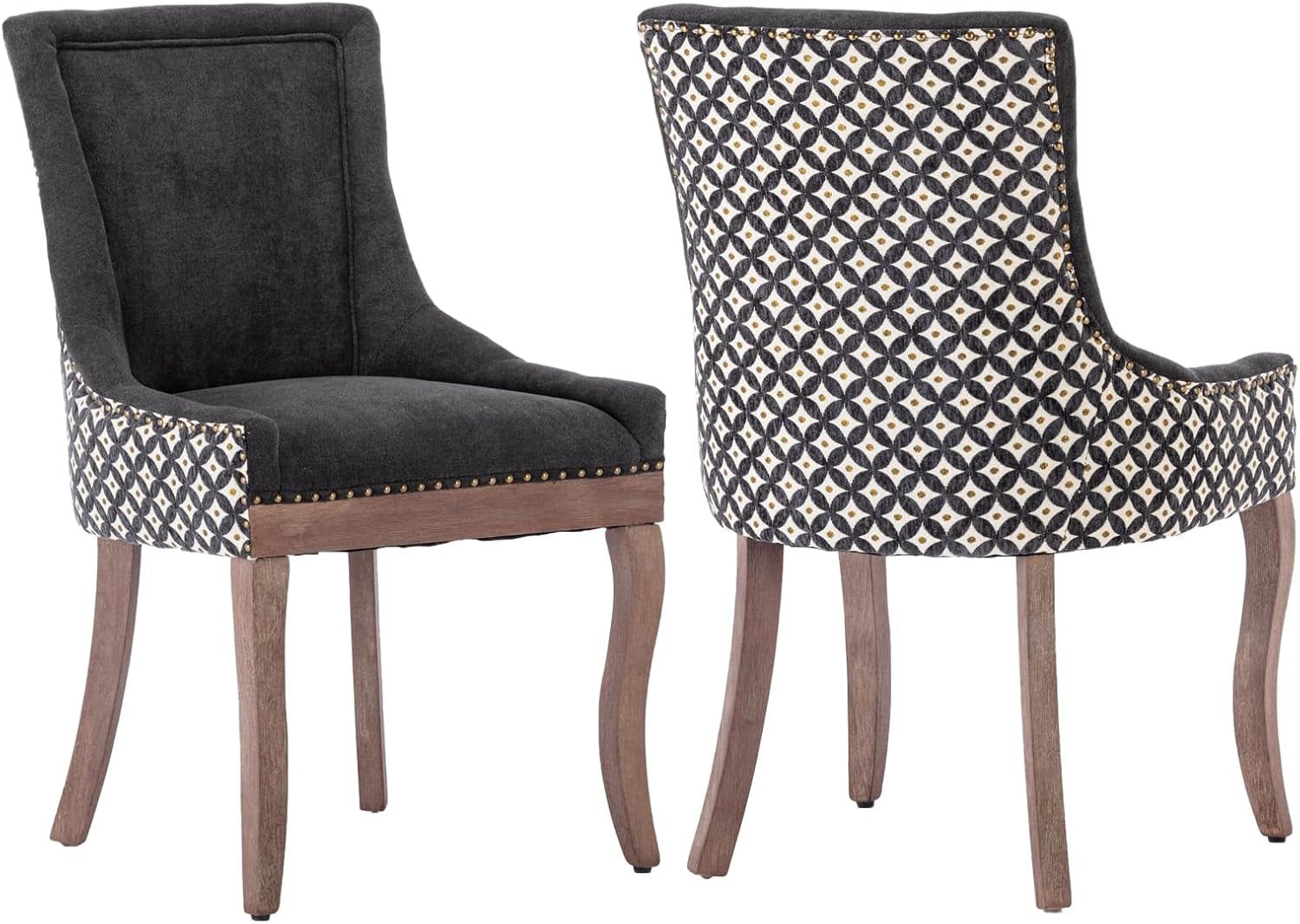 Modern Dining Chairs Set of 2, High Back Dining Chairs Side Chairs with Solid Wood Legs, Upholstered Fabric Dining Room Chairs for Dining Room Kitchen, Black and Patterned