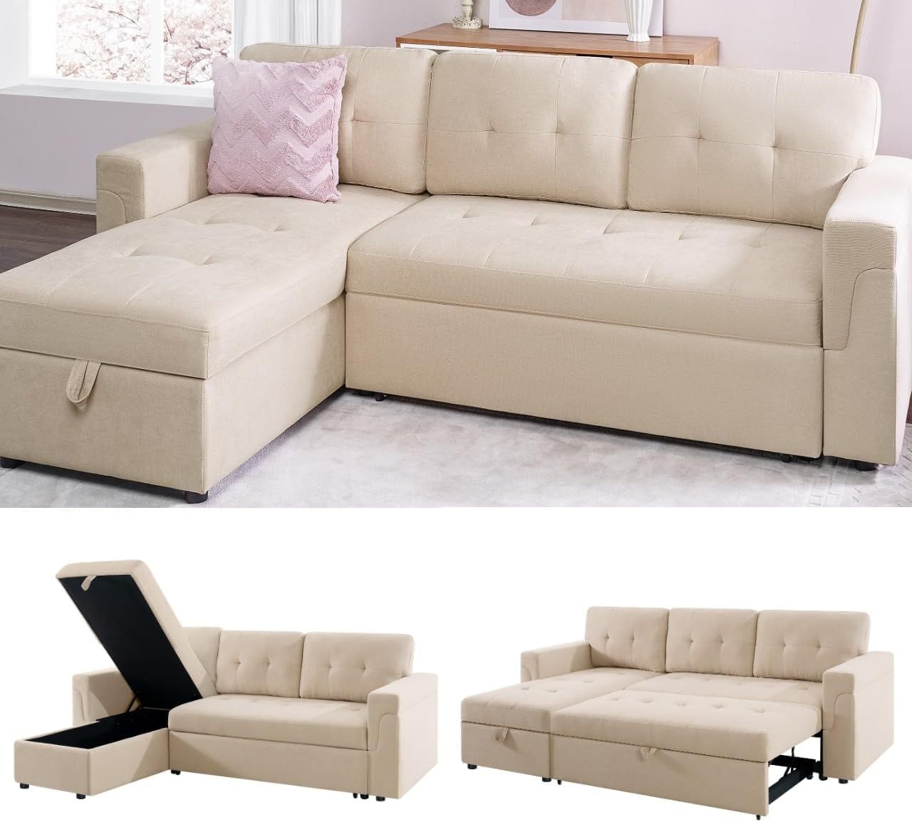 Transform Any Space: Sleeper Sectional Sofa with Convertible Sofa Bed &amp; Inviting Chaise. Find Tranquil Comfort with Stress-Relieving Design &amp; Durable Cushions - Beige/Velvet