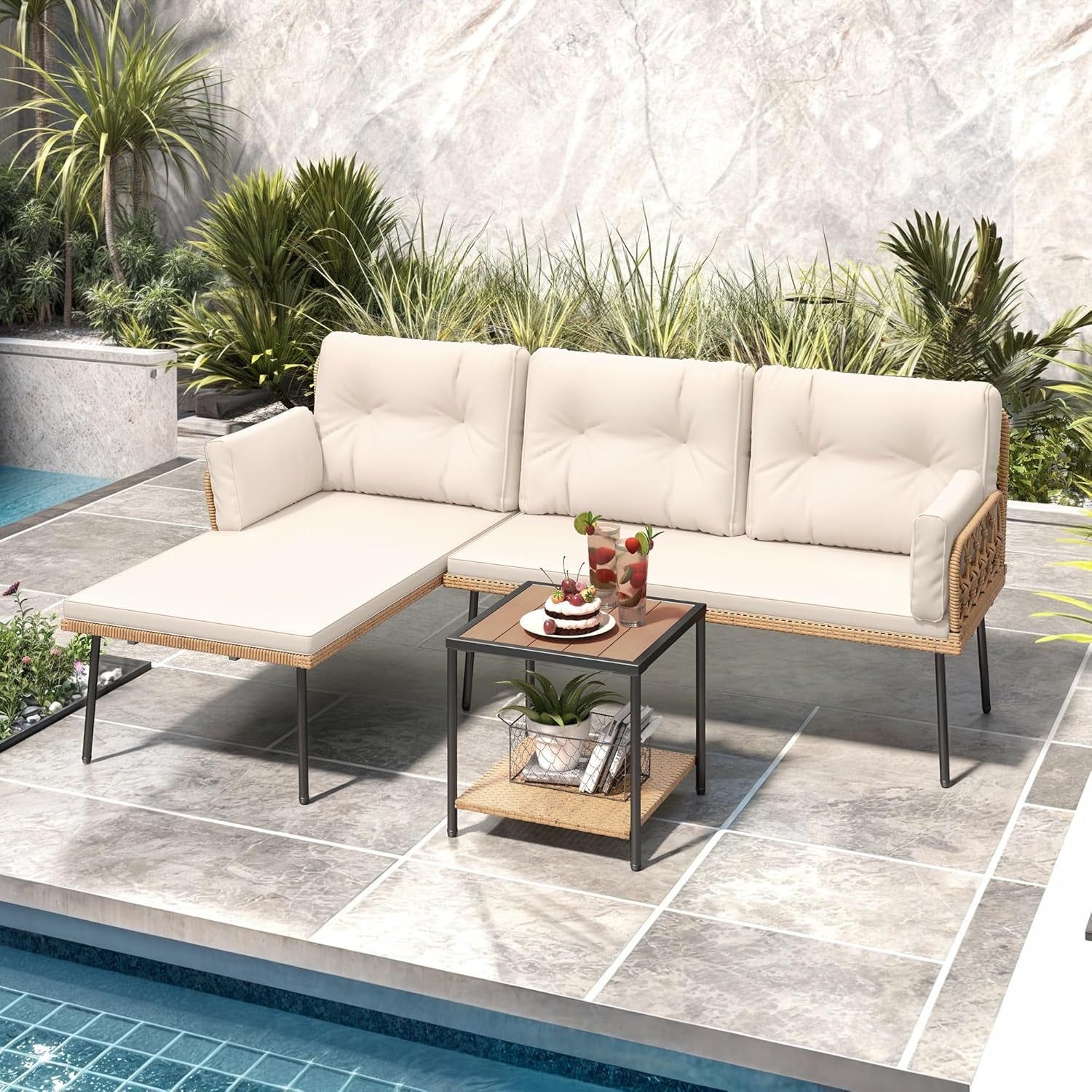Patio Furniture Set, 3-Piece Outdoor Wicker Conversation Sectional L-Shaped Sofa with 4 Seater for Backyard, Porch, Boho Detachable Lounger with Cushions and Coffee Table - Beige