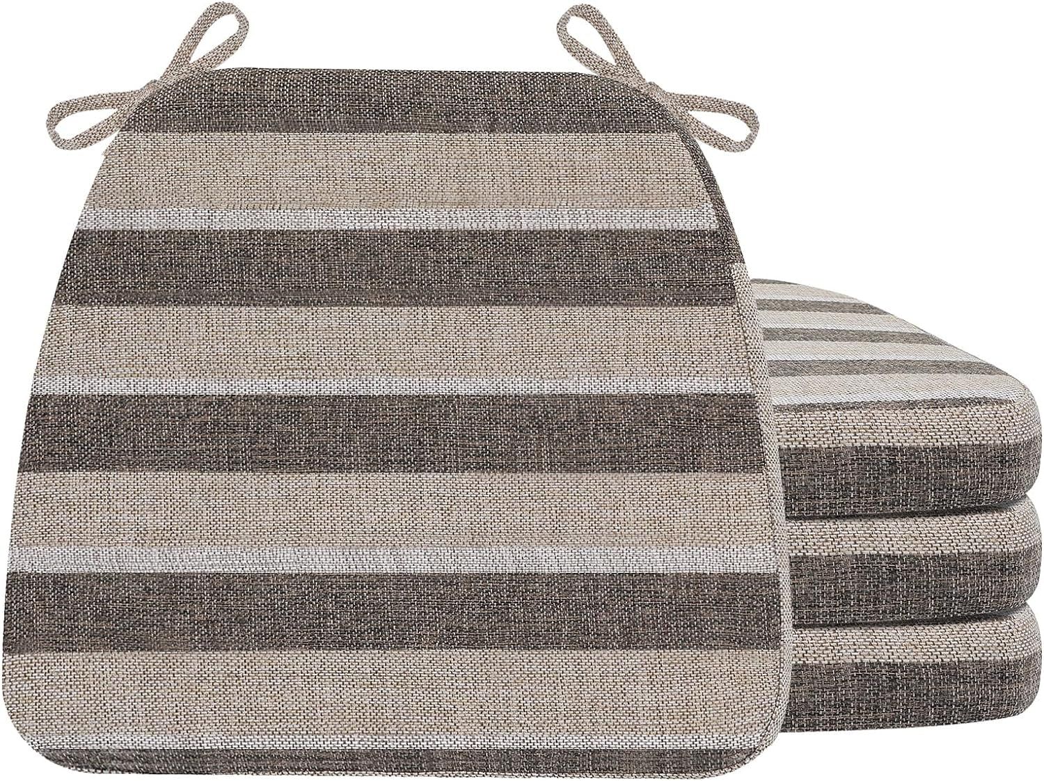 D-Shaped Chair Cushions for Dining Chairs with Ties and Removable Cover, 2&#39;&#39; Thick Kitchen Chair Pads, Indoor Dining Chair Cushions, 17&#39;&#39; X 16&#39;&#39;, 4 Pack, Boldstripes Chocolate/Beige