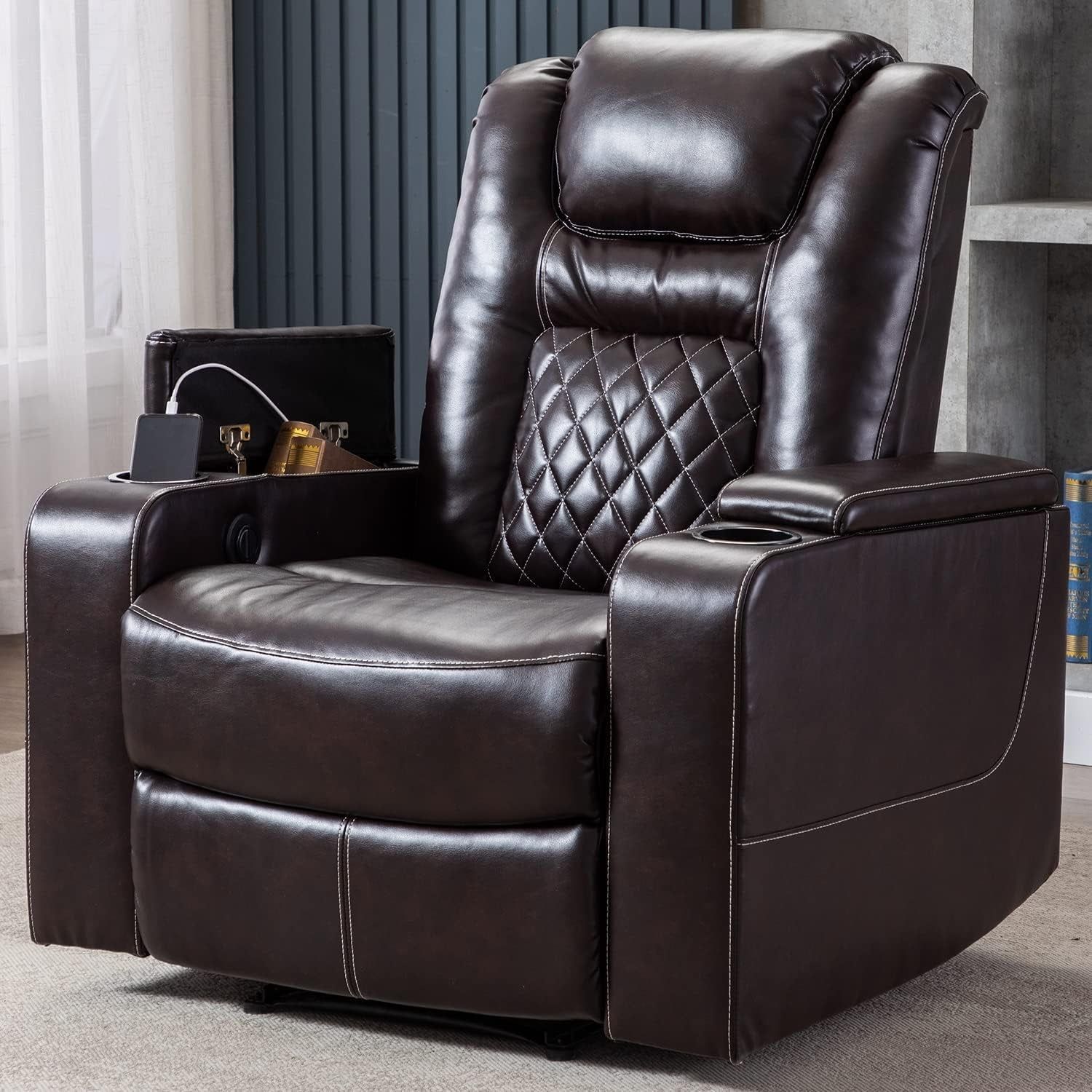Electric Power Recliner Chair with USB Ports and Cup Holders, Breathable Leather Home Theater Seating with Hidden Arm Storage (Brown)
