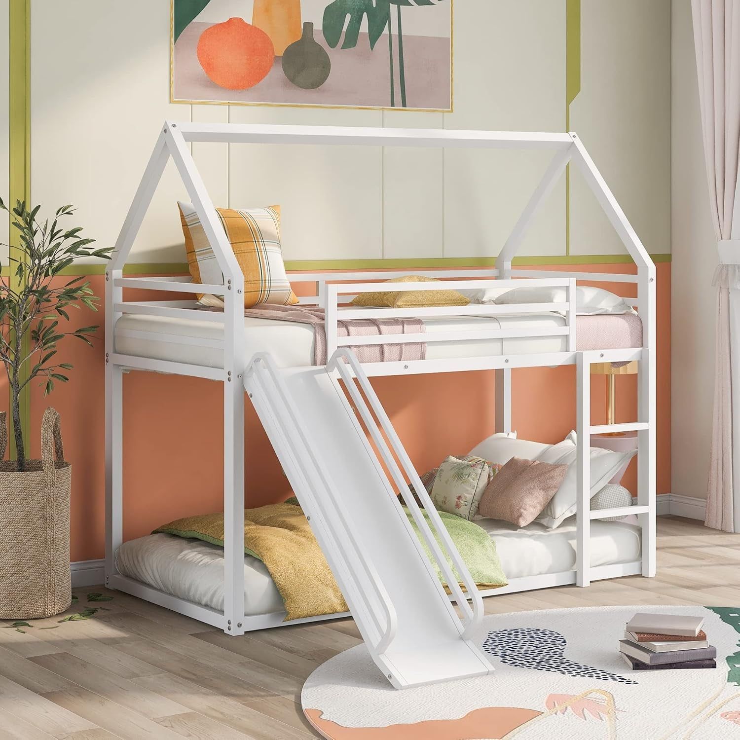 Twin over Twin Metal Floor Bunk Bed with Slide,Metal Junior House Twin Size House Bunk Bed Frame with Ladder &amp; Roof for Boy Girl, No Box Spring Needed,Low Bunk Bed Frame with Convertible Slide
