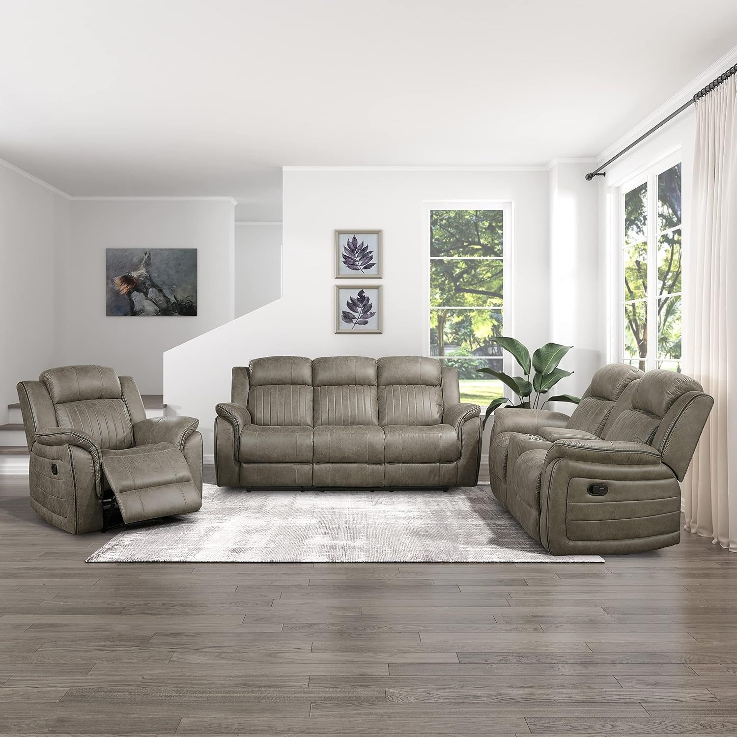 Modern Recliner Living Room Set, Sandy Brown Microfiber Upholstery, 3-Piece Set (Reclining Chair, Loveseat, Sofa), 83.5&quot;L X 38&quot;W X 41&quot;H