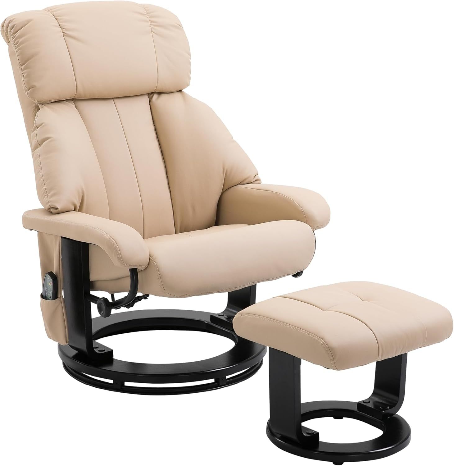 Massage Recliner Chair with Ottoman, 360° Swivel Recliner and Footstool, 10 Point Vibration, PU Leather Reclining Chair with Side Pocket and Remote Control, Beige