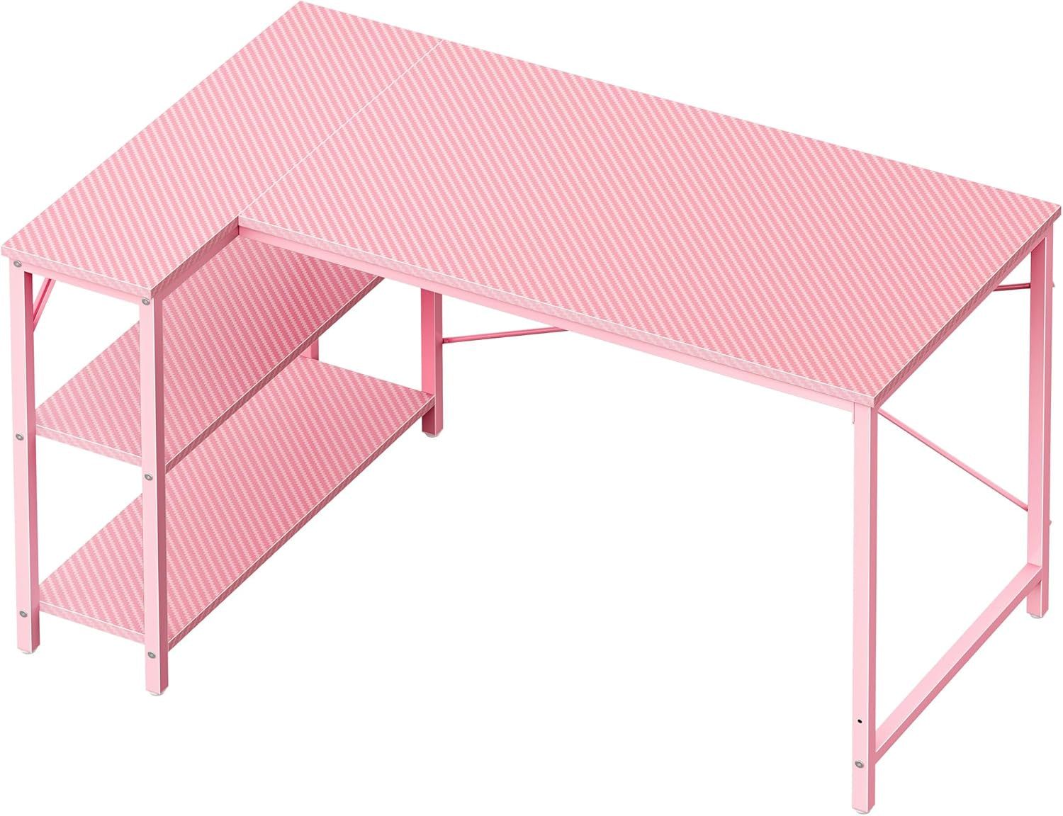 L Shaped Desk, 47 Inches Computer Desk with Reversible Storage Shelves, Gaming Desk, Corner Desk Home Office Desks, Writing Desk Study Desk with Metal Frame, Pink