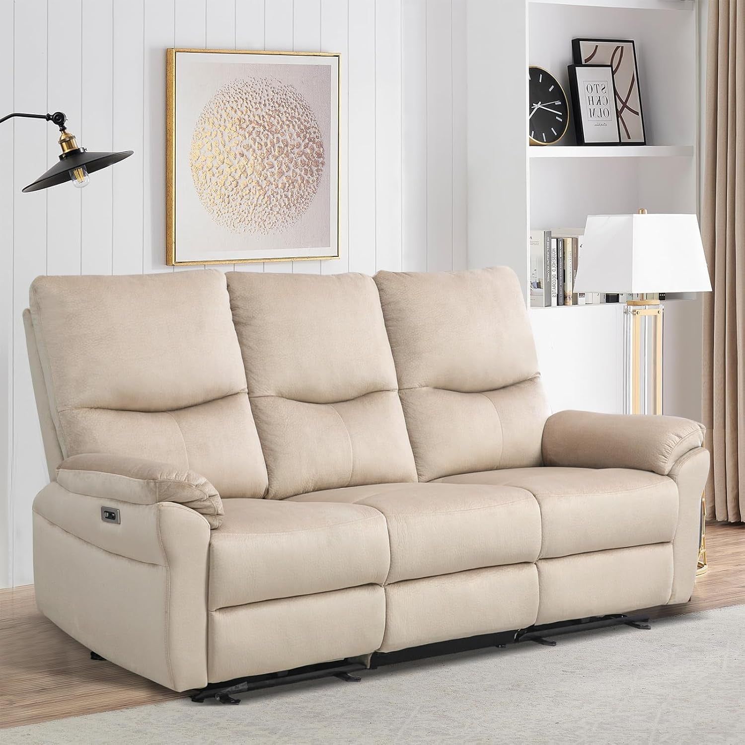Reclining Sofa, Power Reclining Sofa with Drop down Table,Cup Holder and USB Port, Modern 3 Seater Loveseat Recliner Sofa, Wall Hugger Sofa Recliner for Living Room/Rv (Beige)