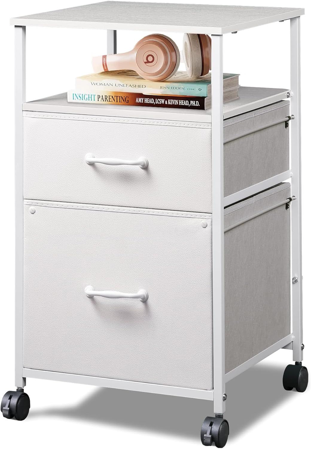 2 Drawer Fabric Vertical Filing Cabinet, Rolling Printer Stand, White
