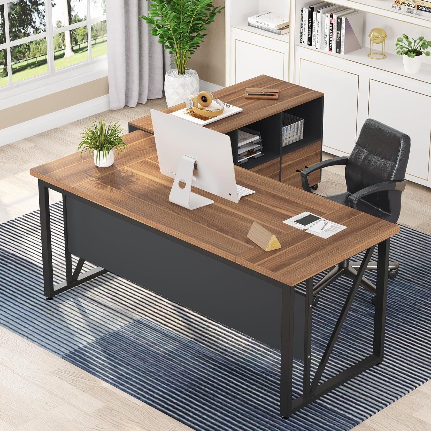 63 Inches Executive Desk and 47&quot; Lateral File Cabinet, L-Shaped Computer Desk Home Office Business Furniture with Drawers and Storage Shelves, Office Table,Brown and Black