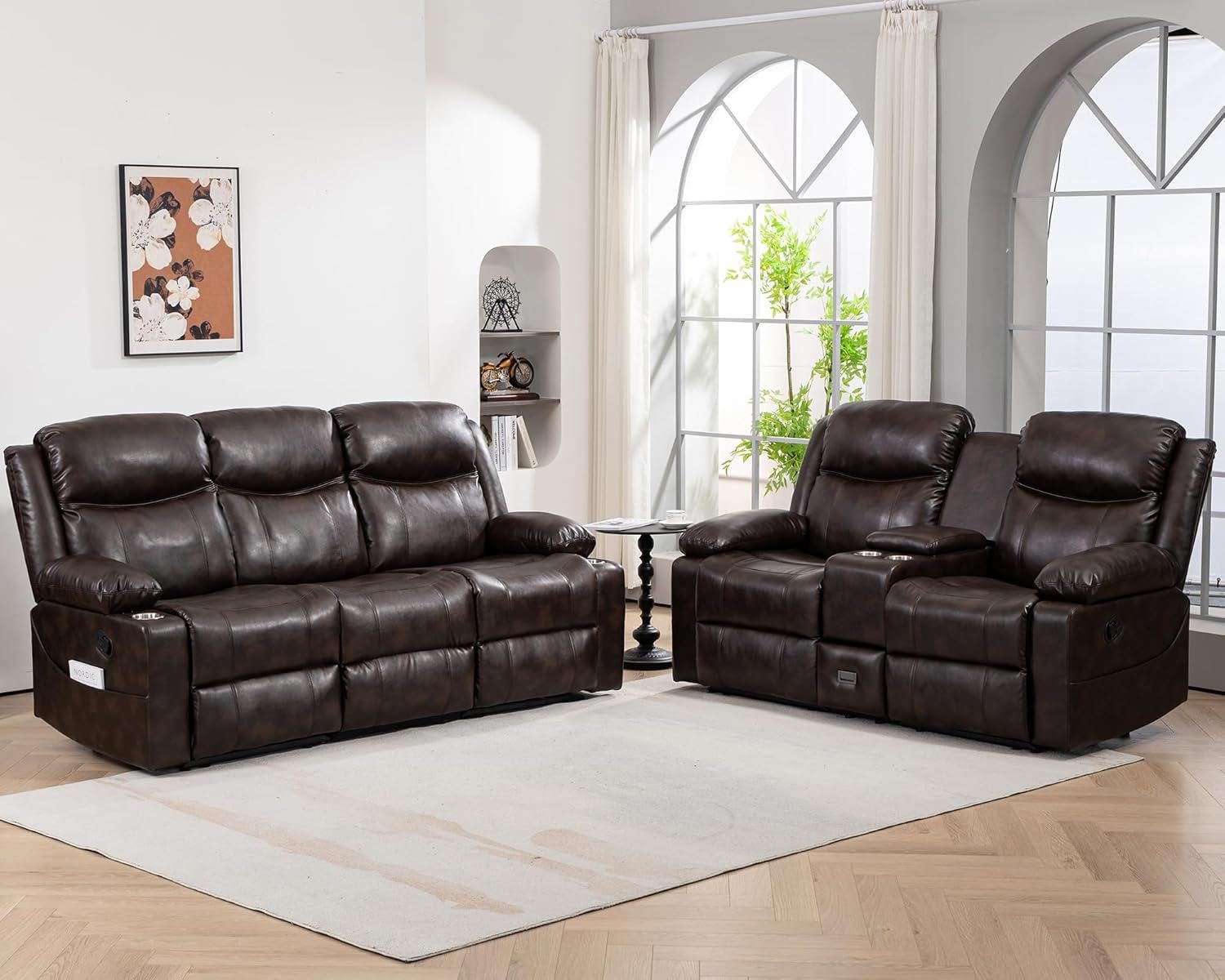 Recliner Sofa Set - Reclining Sofa Couch Set, 2 Pieces Recliner Furniture Sofa Set, 3-Seater Reclining Sofa &amp; 2-Seater Reclining Loveseat with Massage &amp; Heat for Living Room (Brown)