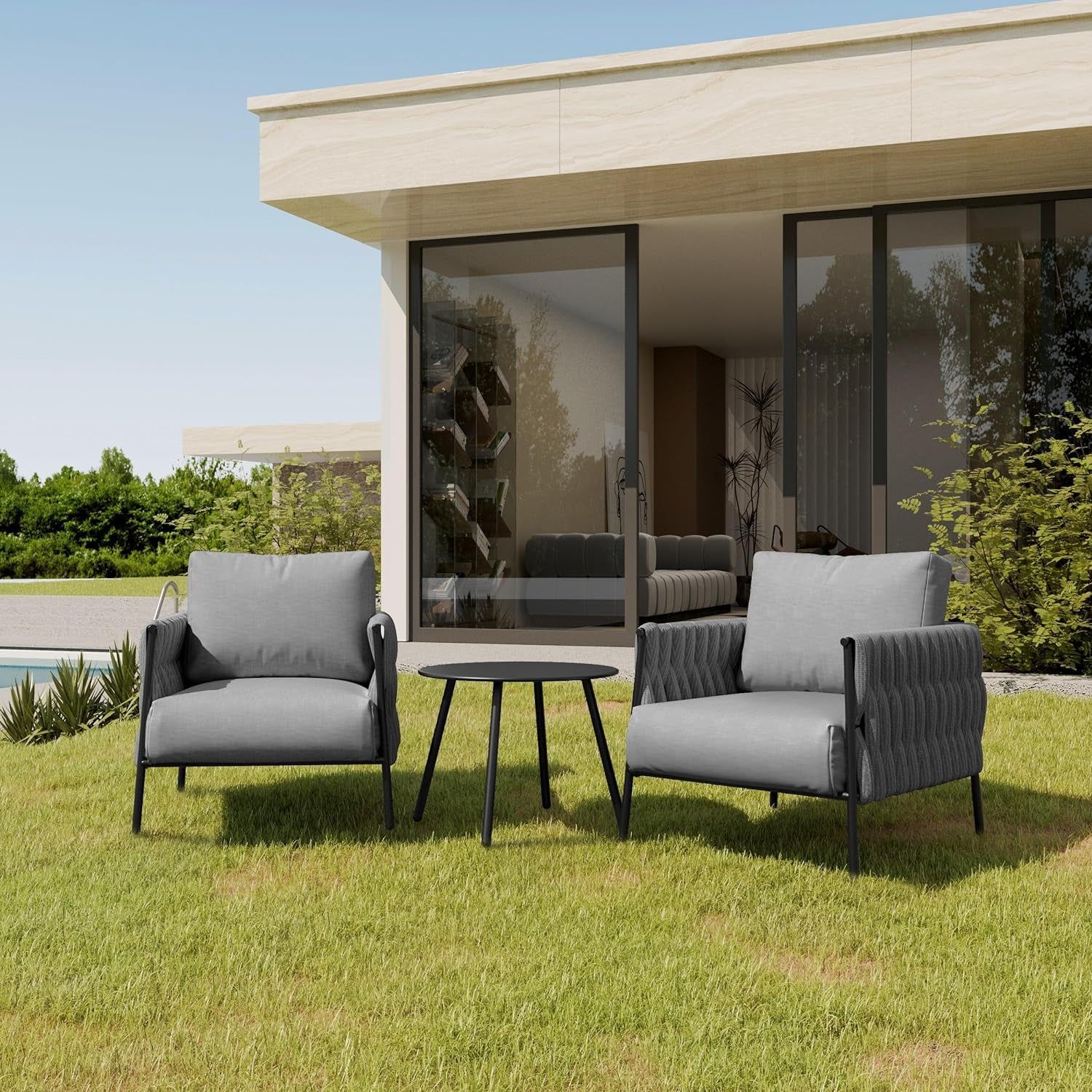 3 Pieces Patio Furniture Set, Armchairs with Coffee Table, Outdoor Furniture Set with Cushion, Modern Outdoor Furniture Deep Seating for Outdoor Garden Porch, Earth Black &amp; Misty Grey