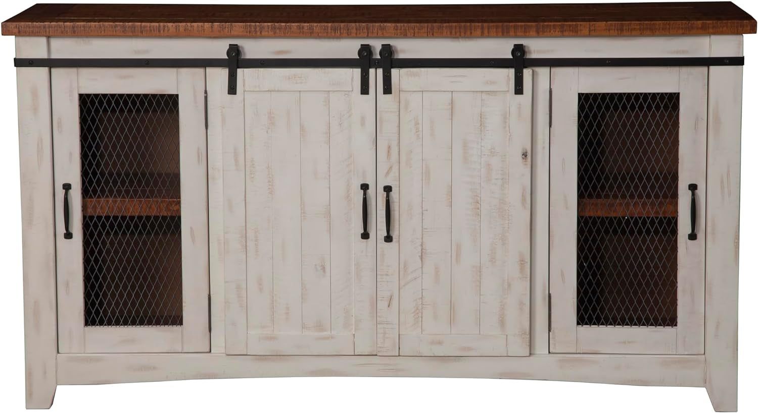 Rustic 65” Solid Wood TV Stand with Storage, White and Aged Distressed Pine