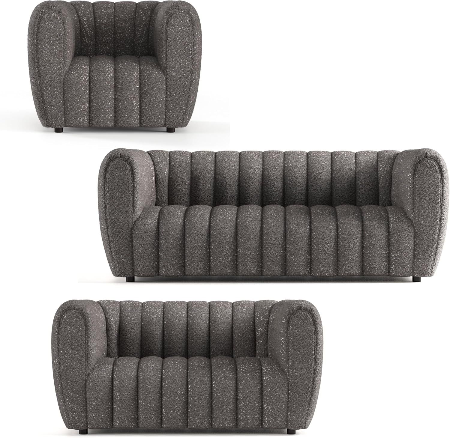 Glamour Contemporary Vertical Channel Tufted Boucle 3-Piece Sofa Set with Wooden Legs for Living Room, Home Office, Bedroom, Charcoal Gray