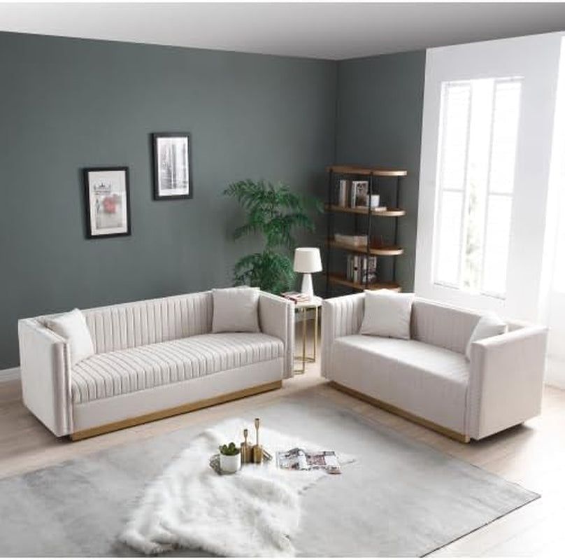 Velvet Sofa Set Luxury Couch Set Living Room Couches and Loveseat Sets Modern Sofa Couch Set L Shaped Couches with Gold Metal Legs and Nailhead for Living Room, Apartment and Office