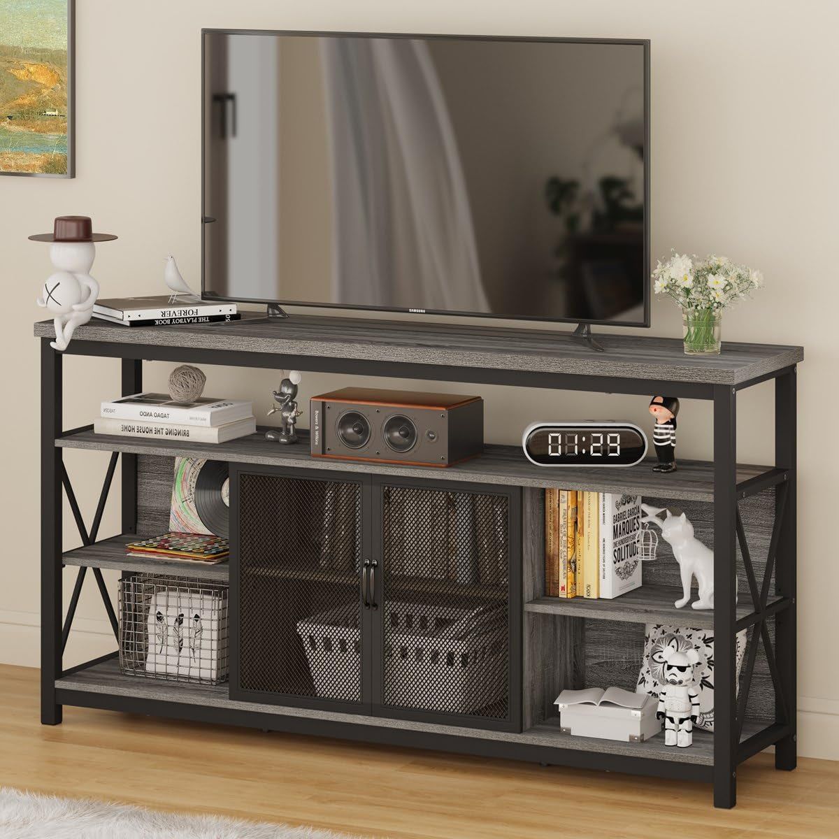 Tall TV Stand for Tvs up to 65 Inch, Industrial Entertainment Center with Storage Cabinet, Rustic Wood Media Console Table for Living Room and Bedroom (32 Inch High, Grey Oak)