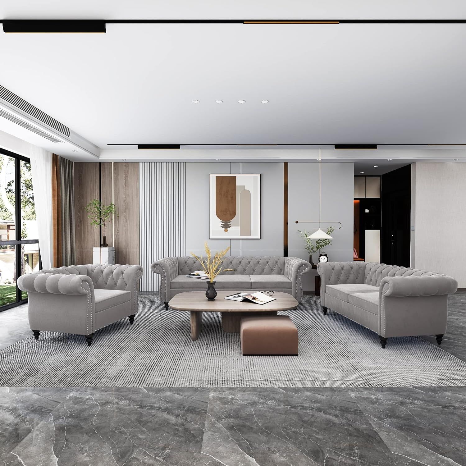 3 Piece Living Room Set, Sectional Chesterfield Sofa Chair Contemporary Upholstered Velvet Loveseat Couch Sets for Living Room, Bedroom, Office