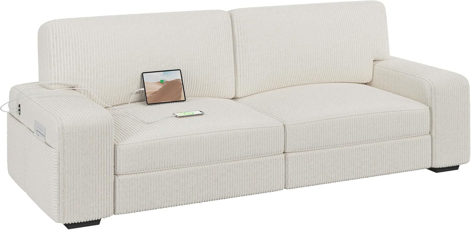 Sofa Modern Sofa Couch 2 Seater Corduroy Fabric Sofa with USB Charging Ports &amp; Side Storage Pockets for Living Room Apartment, Ivory