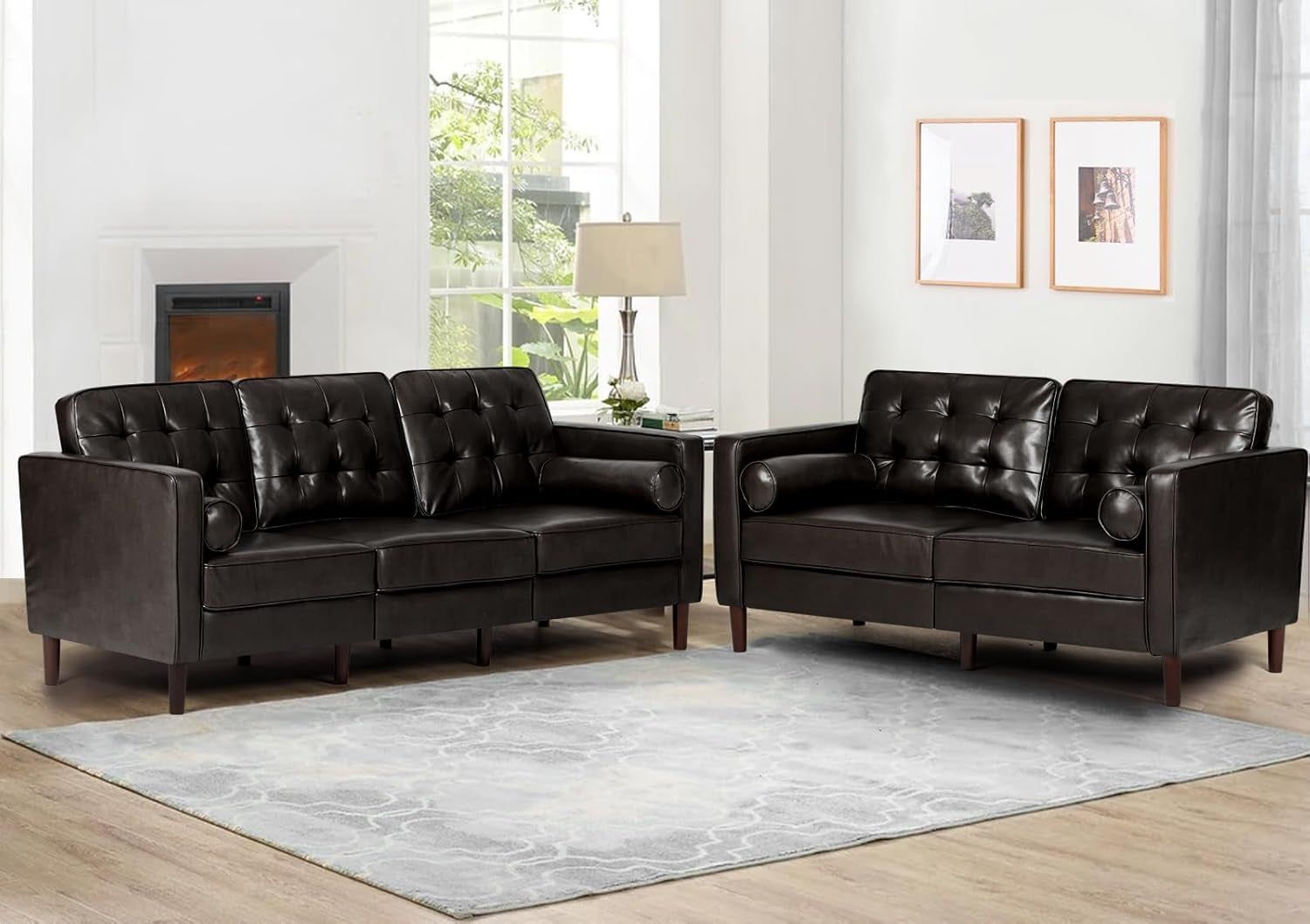 2 Pieces Faux Leather Couch Set, Upholstered 3 Seat &amp; Loveseat Sofa with Bolster Pillows, Mid Century Modern Couch Set with Wooden Legs for Living Room, Bedroom, Office. Dark Brown