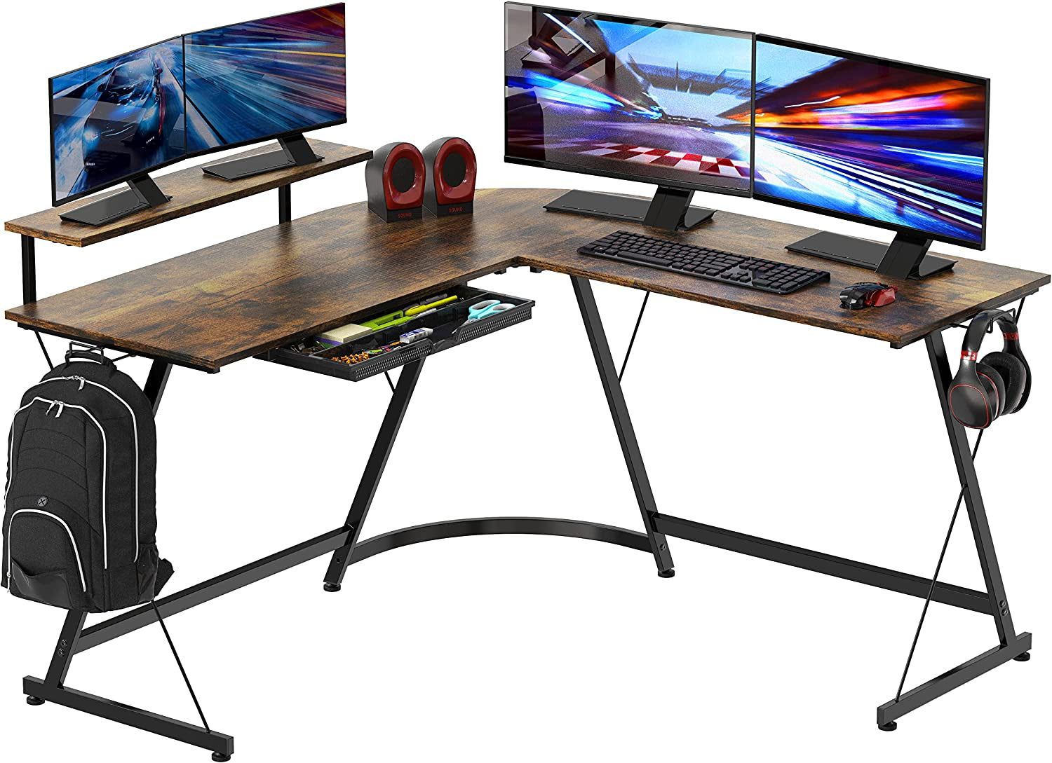 Vista L-Shape Desk with Monitor Stand, Rustic Brown