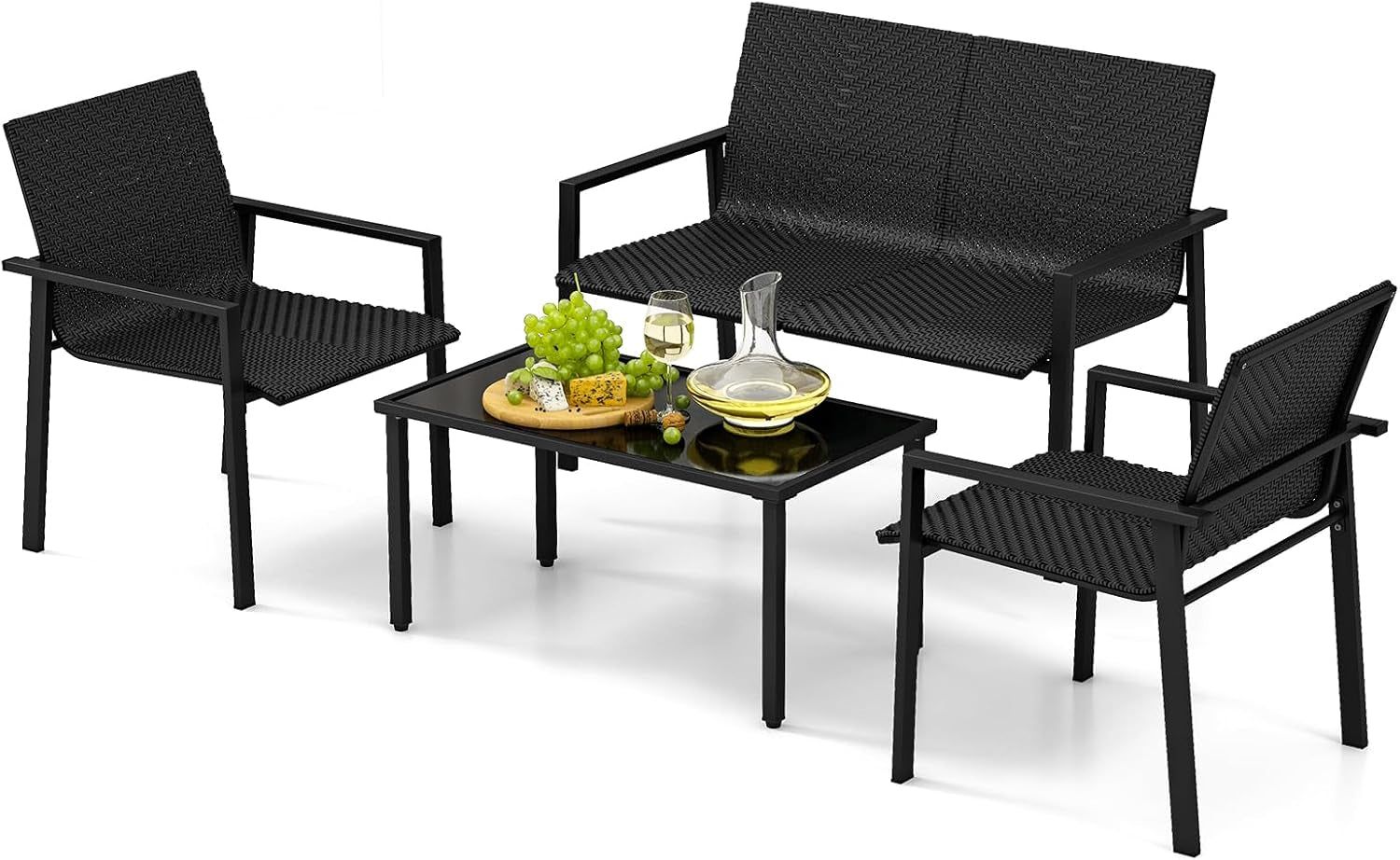 4 Pieces Wicker Patio Conversation Set with Coffee Table, PE Rattan Chairs with Galvanized Metal Frame, Outdoor Table and Chairs Set for Small Space, Balcony, Poolside, Backyard (Black)