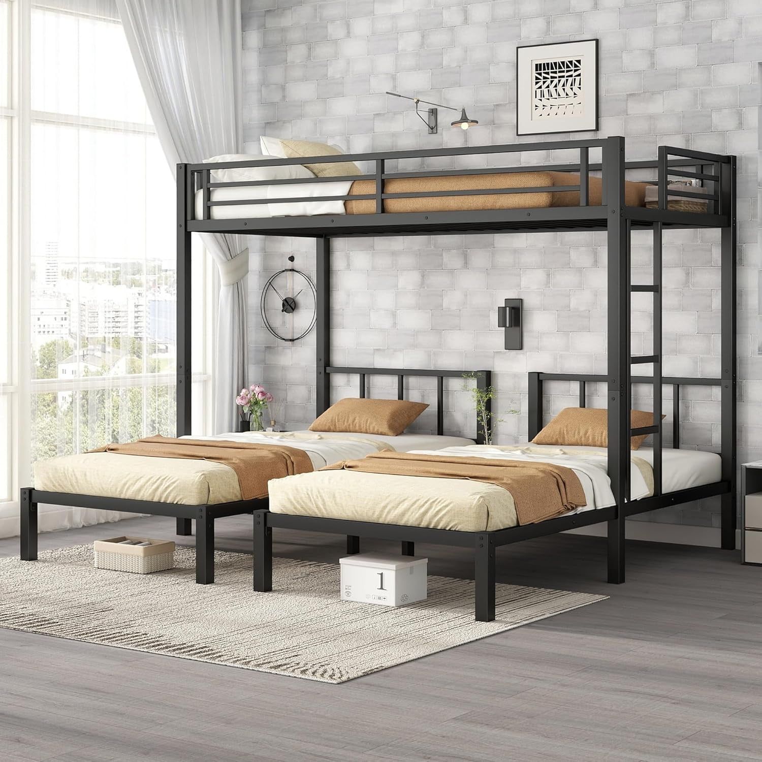 Triple Bunk Bed for Kids, Detachable Metal Twin over Twin over Twin Bunk Bed with Guardrails, Built-In Ladder, Shelf, Converts to 3 Separate Twin Beds, Easy Assembly, Black