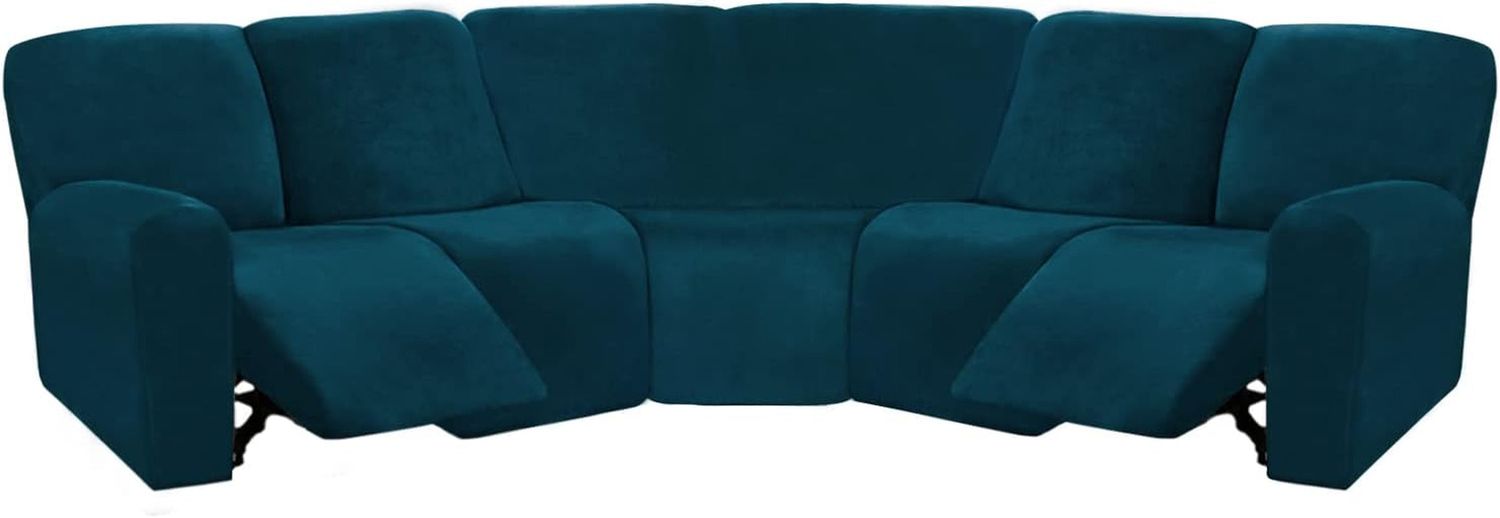 Velvet 7-Piece Sectional Recliner Sofa Cover (Deep Teal, L Shape 5 Seat, Sturdy, Soft, Washable)