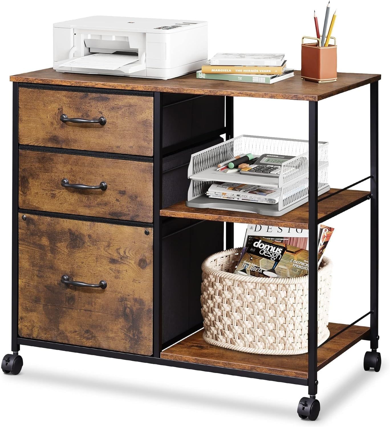 3 Drawer Mobile File Cabinet, Rolling Printer Stand with Open Storage Shelf, Fabric Lateral Filing Cabinet Fits A4 or Letter Size for Home Office, Rustic Brown Wood Grain Print