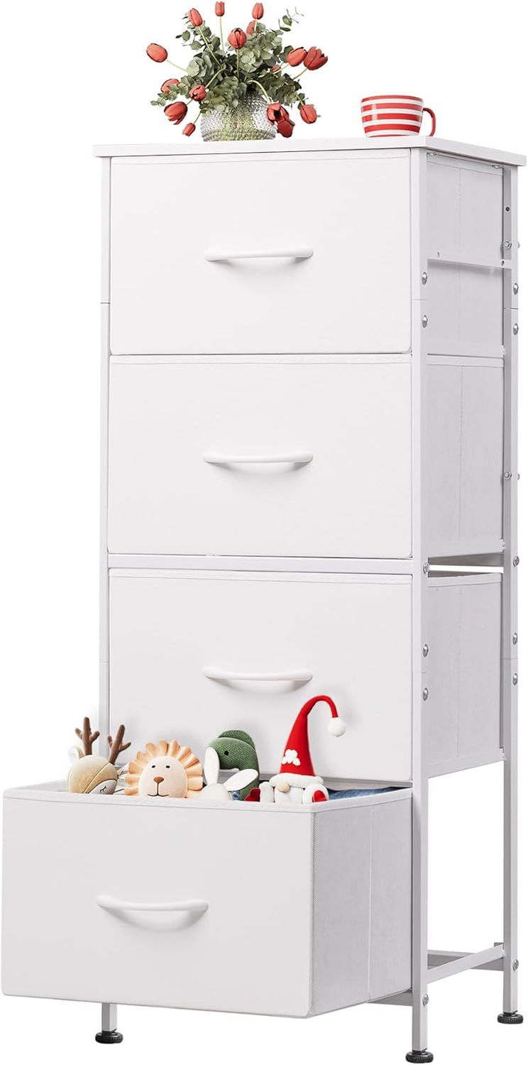 Dresser with 4 Drawers, Storage Tower, Organizer Unit, Fabric Dresser for Bedroom, Hallway, Entryway, Closets, Sturdy Steel Frame, Wood Top, Easy Pull Handle, White
