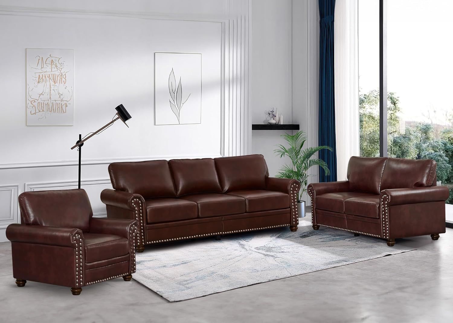 3 Piece Faux Leather Sofa Set,Mid Century Modern Couch and Loveseat Sets with Storage,Comfy Deep Seat Sofa with Nailhead Trim &amp; Rolled Arm for Living Room,Office(Armchair+Loveseat+3 Seater,Burgundy)
