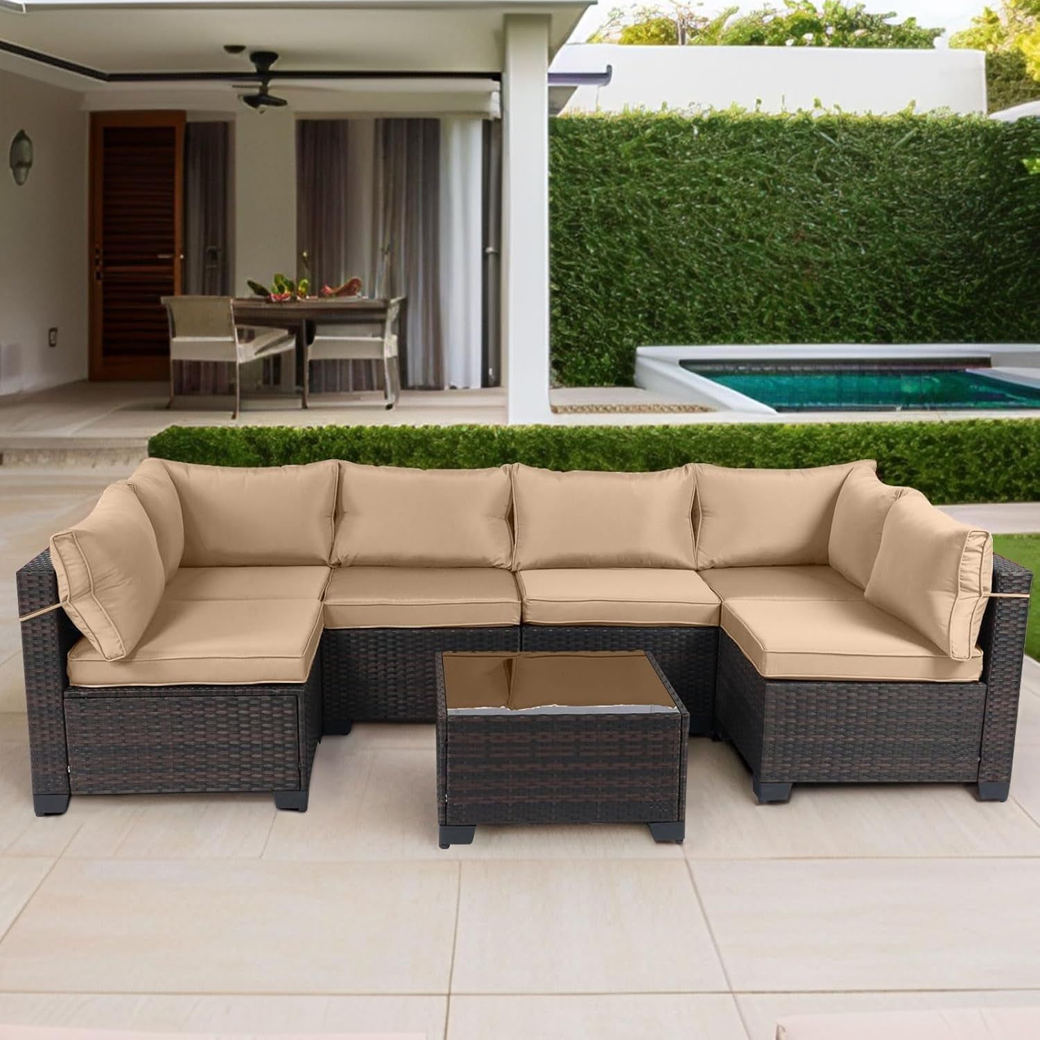 7 Pieces Outdoor Patio Furniture Sets,Rattan Conversation Sectional Set,Manual Weaving Wicker Patio Sofa with Tea Table