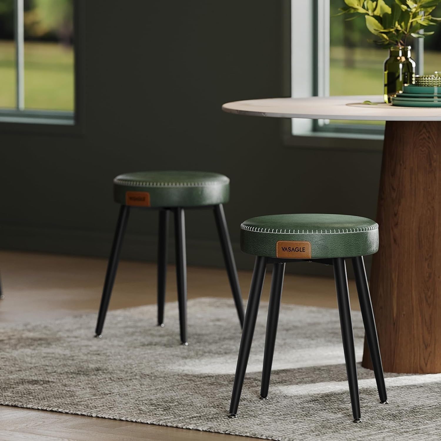 EKHO Collection - Dining Chairs Stools Set of 2, Upholstered Kitchen Stools, Vanity Stools, Synthetic Leather with Stitching, Mid-Century Modern, 19-Inch Tall, Easy Assembly, Forest Green