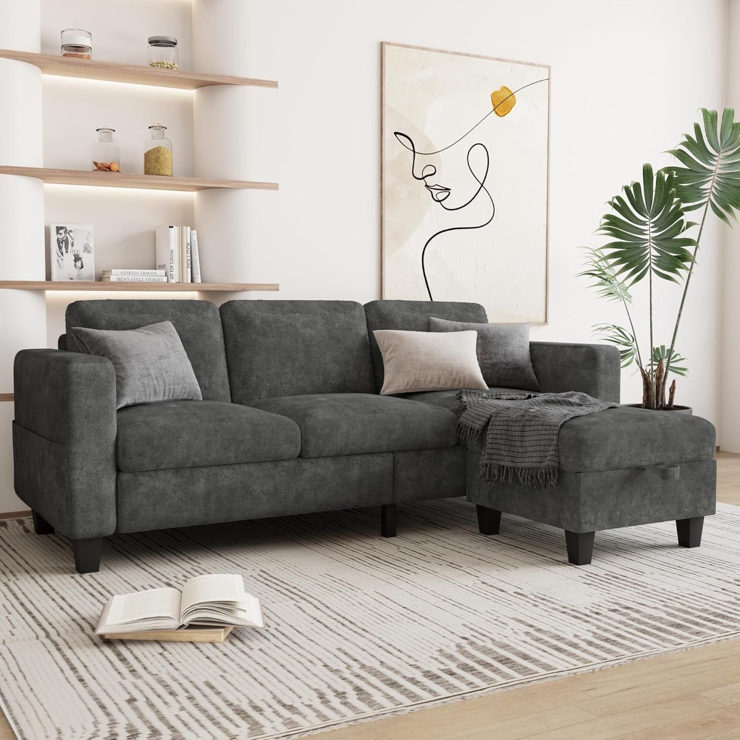 Couch for Living Room - Small Space Couches Sectional L-Shaped Sofa, 3 Seat Modern Couch, Sofas Convertible with Storage Ottoman for Small Space, Bedroom, Offices and Apartments - Grey