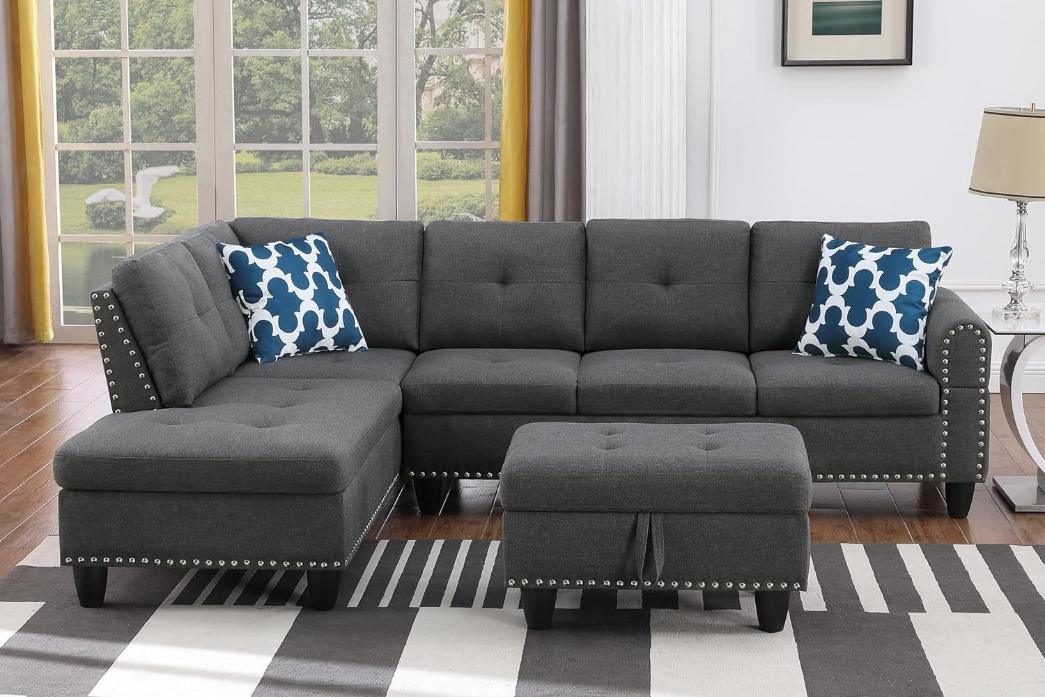 Convertible Sectional Sofa with Left Hand Facing Chaise , 4-Seater Reversible Couch W/ Storage Ottoman and Cup Holders , Button Tufted Linen Linen Upholstered Corner Sofa&amp;Couches for Living Room Sets