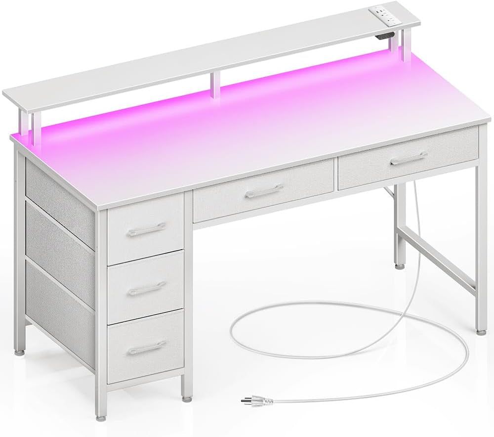 Computer Desk with Power Outlets &amp; LED Light, 39 Inch Home Office Desk with 5 Drawers, Writing Desk with Monitor Stand, Work Desk for Home Office, White