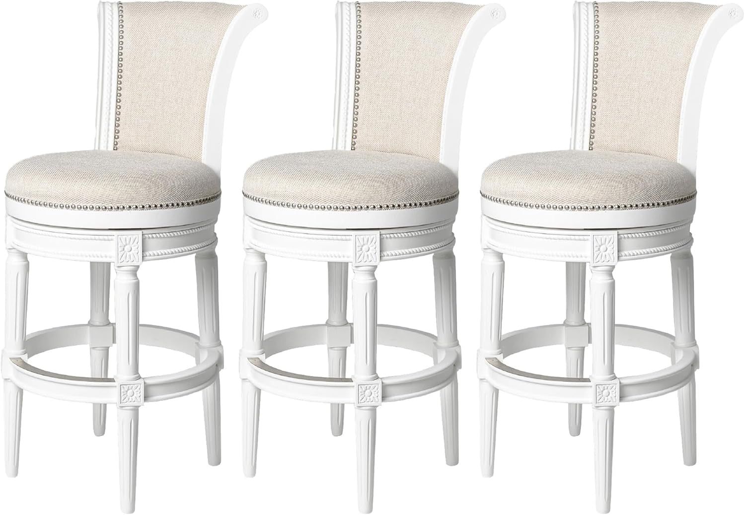 Pullman 31 Inch Tall Bar Height Upholstered Barstool with Back in Alabaster White Finish with Cream Fabric Cushion Seat, Set of 3