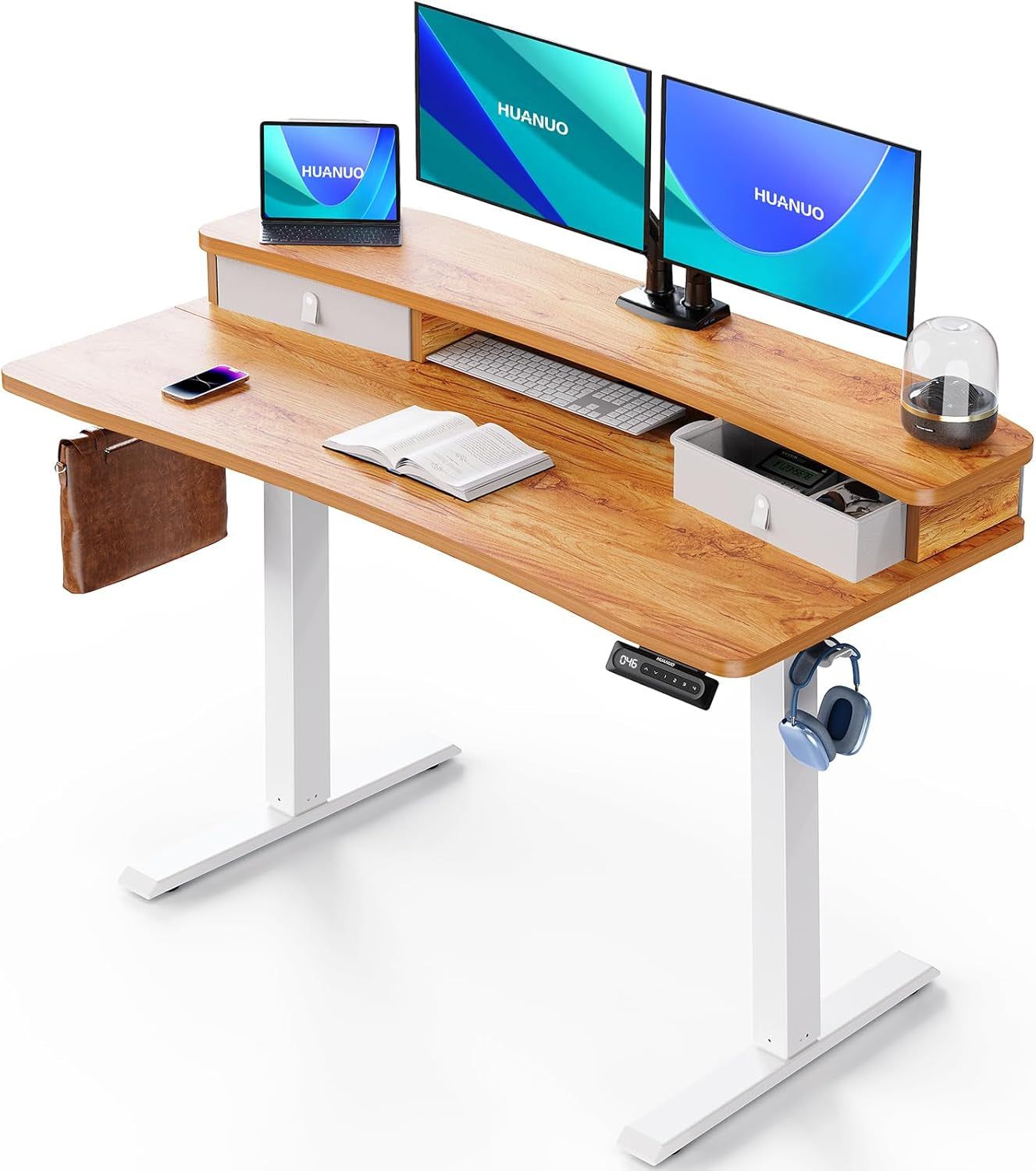 48″ X 24″ Electric Standing Desk with 2 Drawers, C-Clamp Mount Compatible, Height Adjustable Computer Desk, Home Office Stand up Desk with 4 Preset Heights &amp; 2 Hooks, Light Vintage