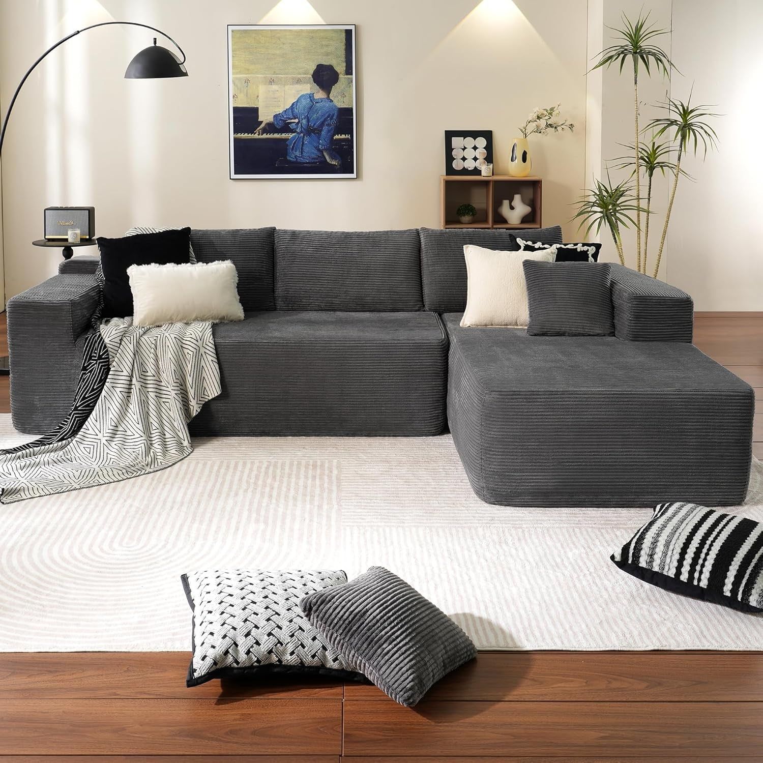 104&quot; Cloud Sectionl Couch with L-Shpe Chise,Modern Modulr Sof with Deep Set, Upholstered Couches for Living Room Bedroom,No ssembly Required, Grey (Corduroy Fbric)