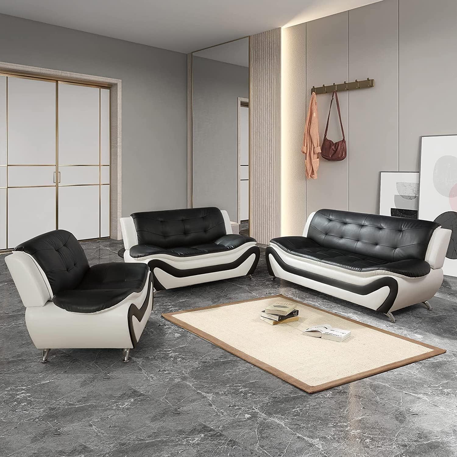 Contemporary Living Room Furniture Set, Vegan Leather Sofa Set for Living Room/House/Bedroom/Office/Apartment (White/Black, 3 PCS), F45&amp;F46