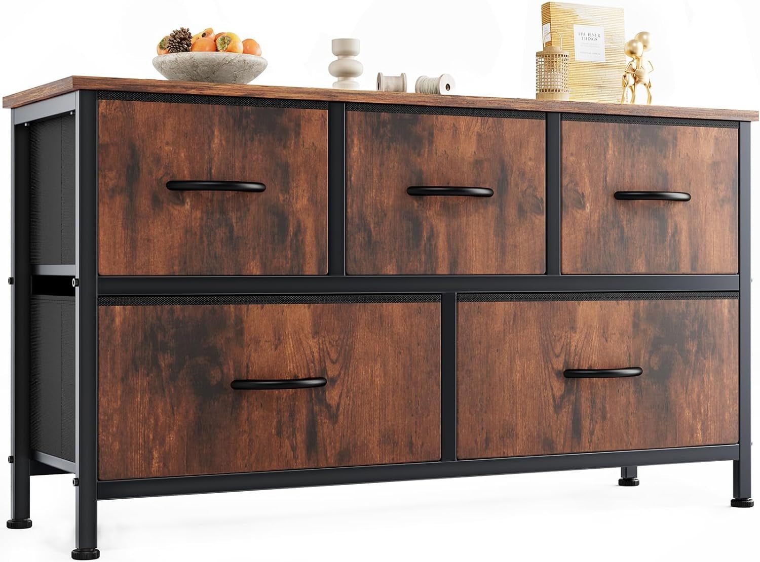 Dresser for Bedroom with 5 Drawers, Wide Chest of Drawers, Fabric Bedroom Dresser with Drawer Organizers, Storage Organizer Unit with Fabric Bins for Closet, Living Room, Hallway, Rustic Brown