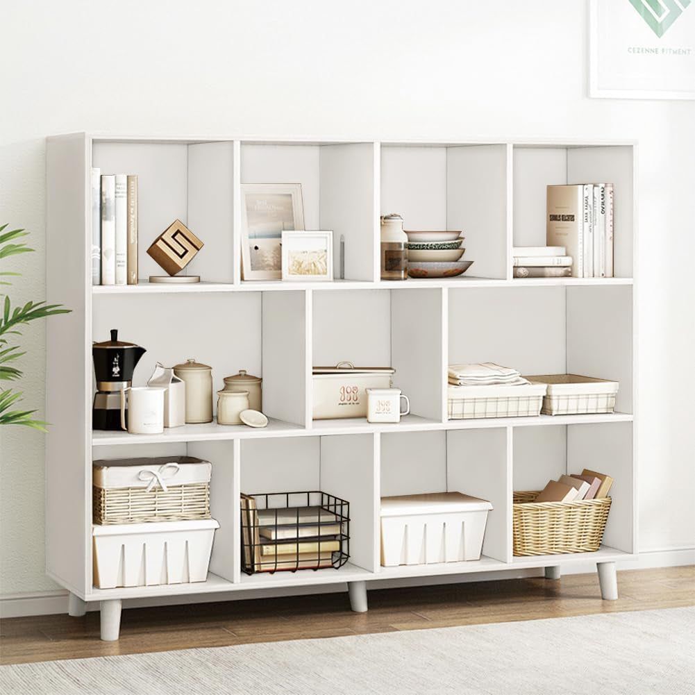 Open Cube Low Bookcase - 3-Tier Freestanding Storage Display Cabinet Organizer with Legs for Home Office, 11-Cubes Open Shelf Short Bookshelf, White