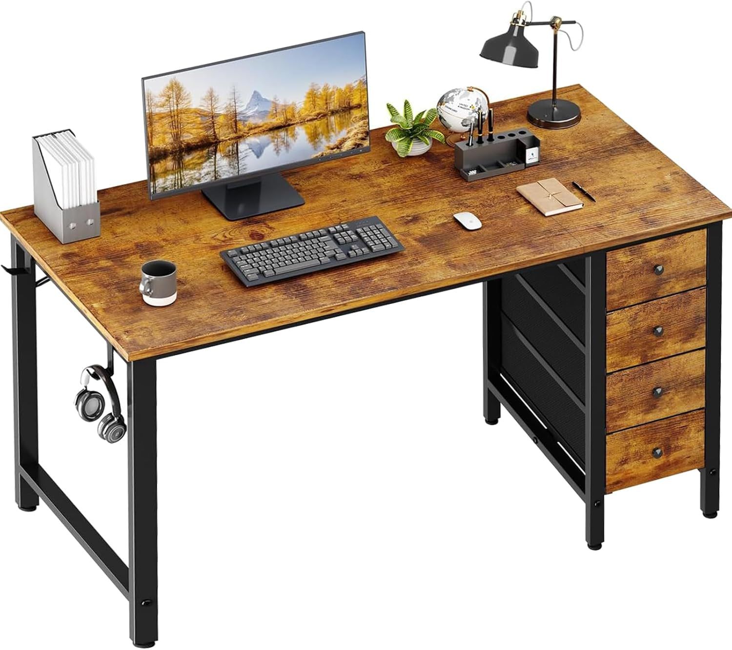 Computer Desk with Fabric Drawers - 55 Inch Long Study Work Writing Desk for Home Office Bedroom, Simple Modern Cute PC Desks with Drawer, Rustic Brown