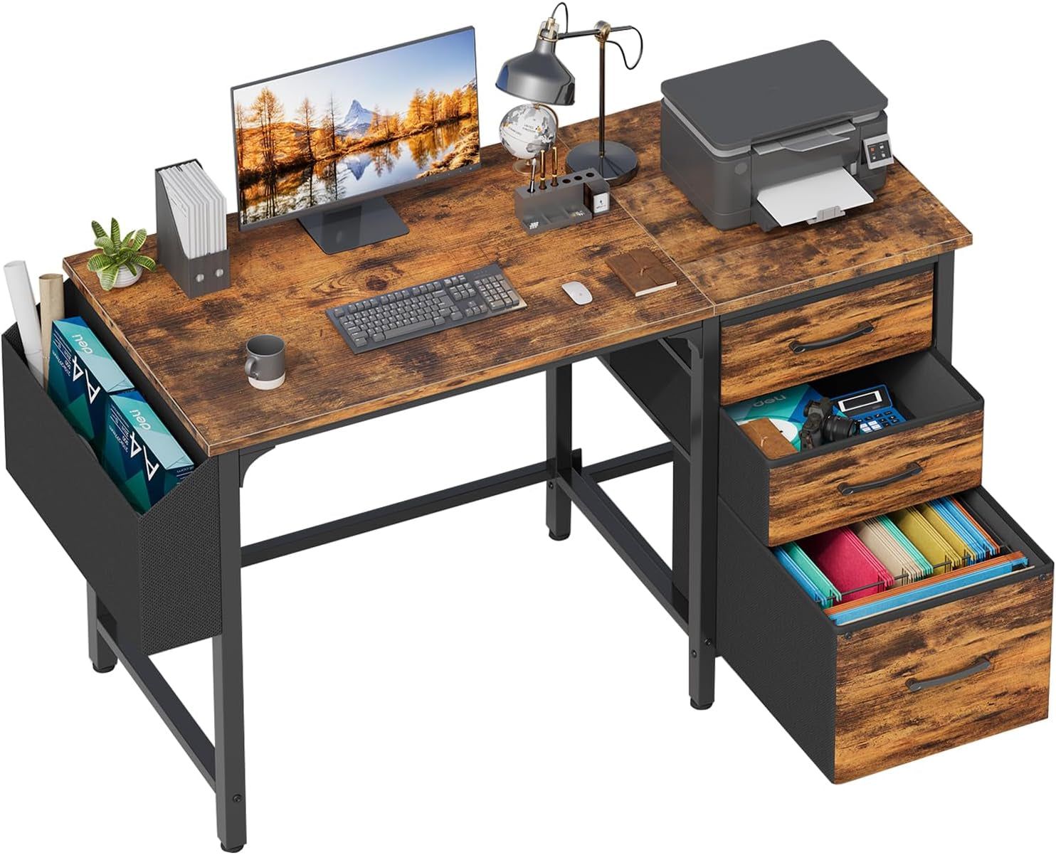 Computer Desk with Fabric File Drawers Cabinet, 47 Inch Home Office Desks with Filing Cabinet for Small Space, Study Writing Table PC Desks, Rustic Brown