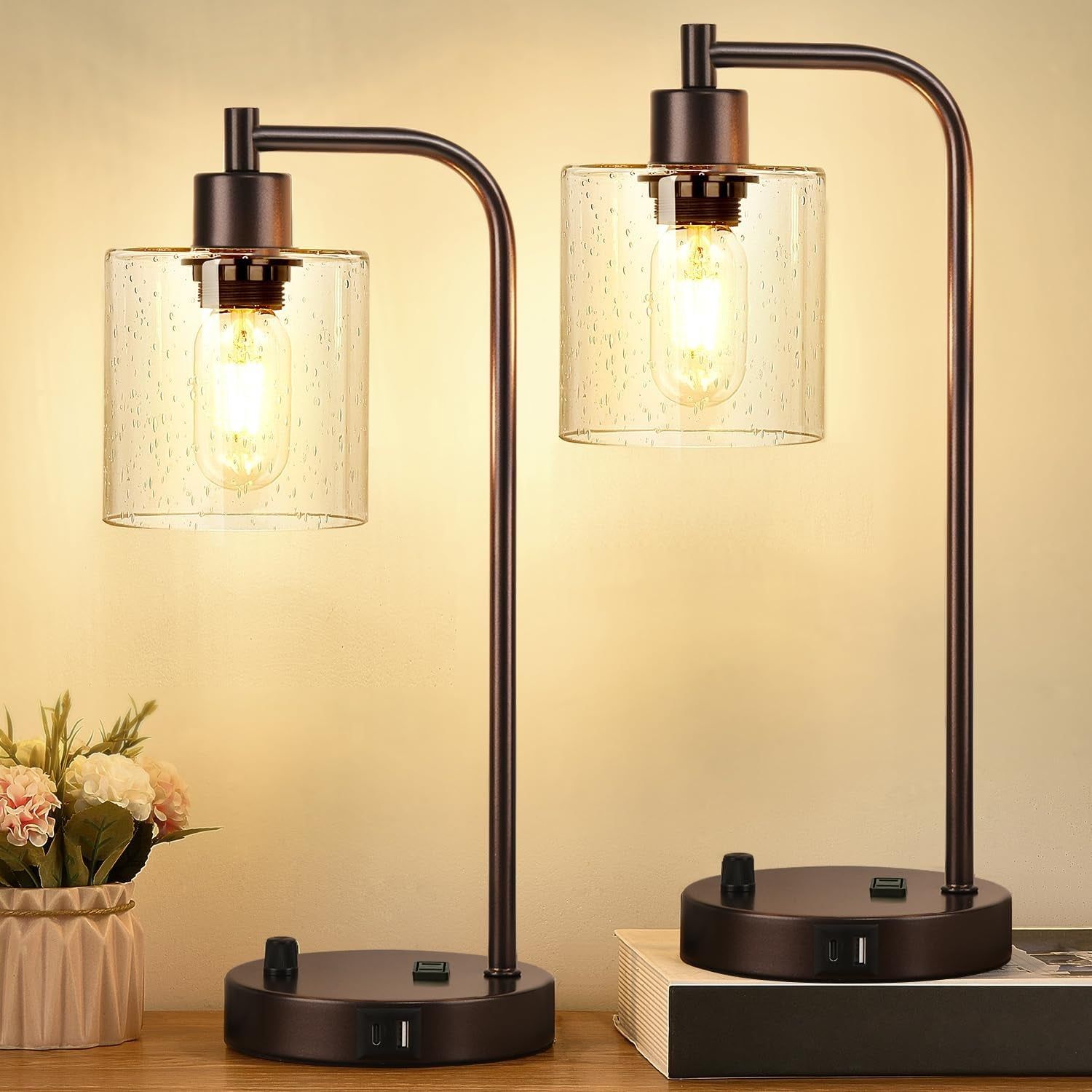 Set of 2 Oil Rubbed Bronze Table Lamps with 2 USB Port, Fully Stepless Dimmable Bedside Lamps for Bedrooms, Industrial Nightstand Desk Lamps with Seeded Glass Shade for Living Room 2 LED Bulb Included