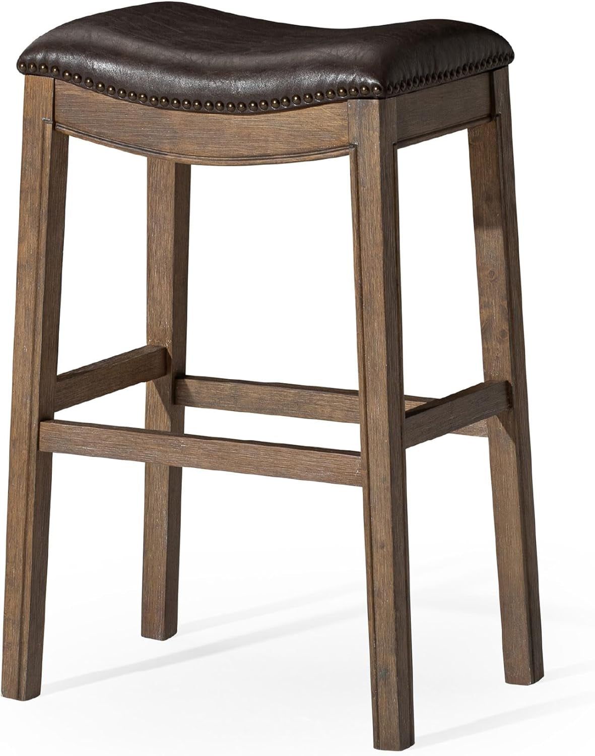 Adrien 31 Inch Bar Height Backless Saddle Barstool in Dark Walnut Finish with Marksman Saddle Vegan Leather Cushion Seat