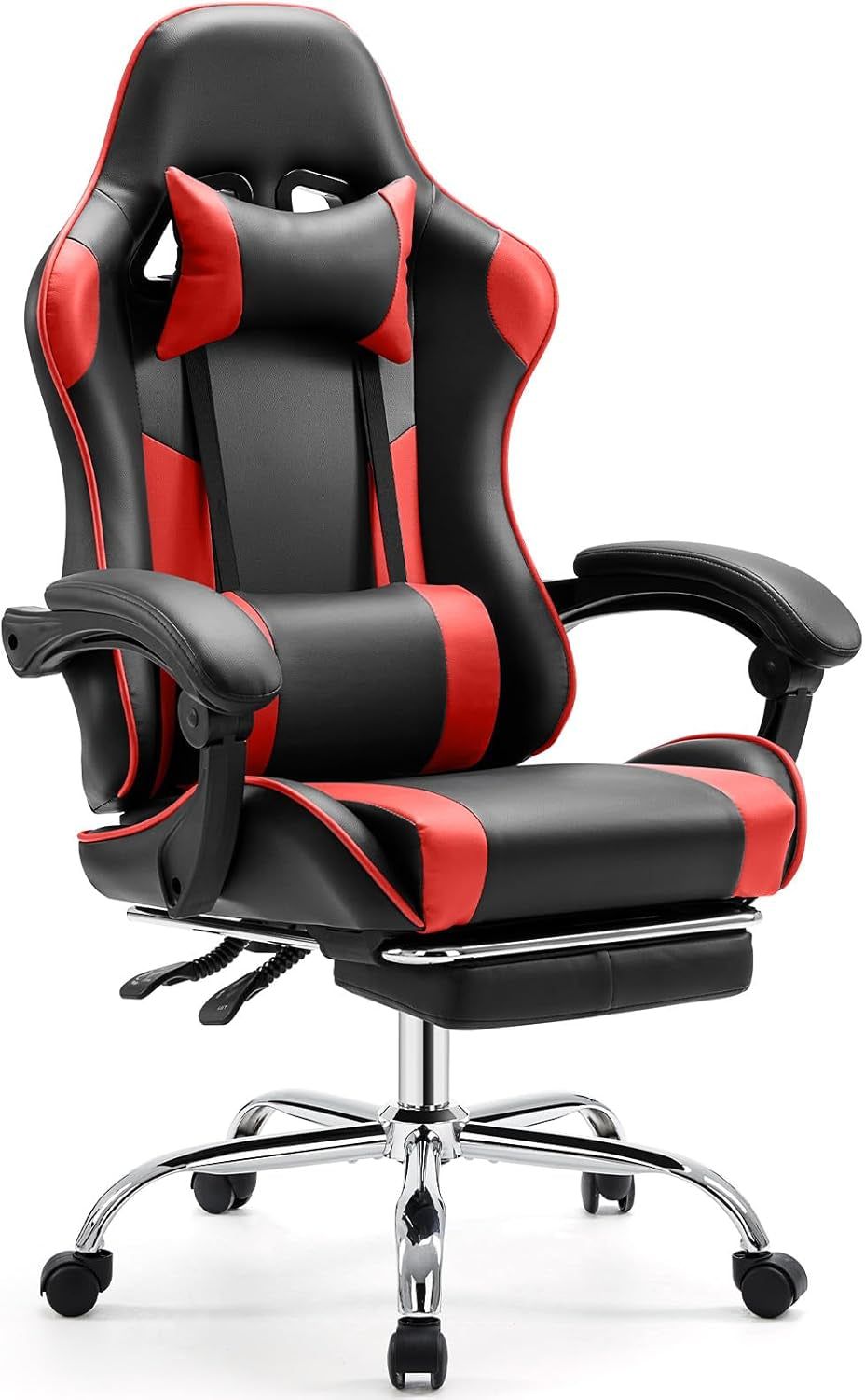 Video Game Desk Chair - Ergonomic Computer with Footrest and Comfy Lumbar Support, PU Leather Recliner with Headrest, Fixed up Armrest, Height Adjustable with 360° Swivel, for Adults, Red