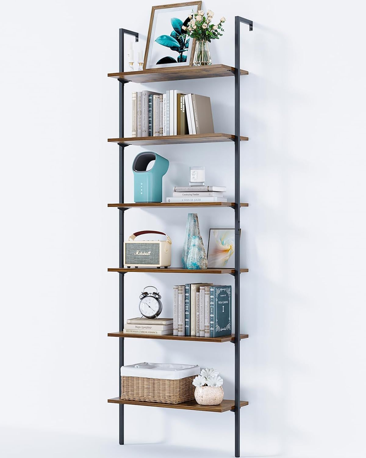 6-Tier Ladder Shelf, 87 Inches Wall Mounted Ladder Bookshelf with Metal Frame, Open Industrial Shelves for Home Office, Bedroom and Living Room, Rustic Brown