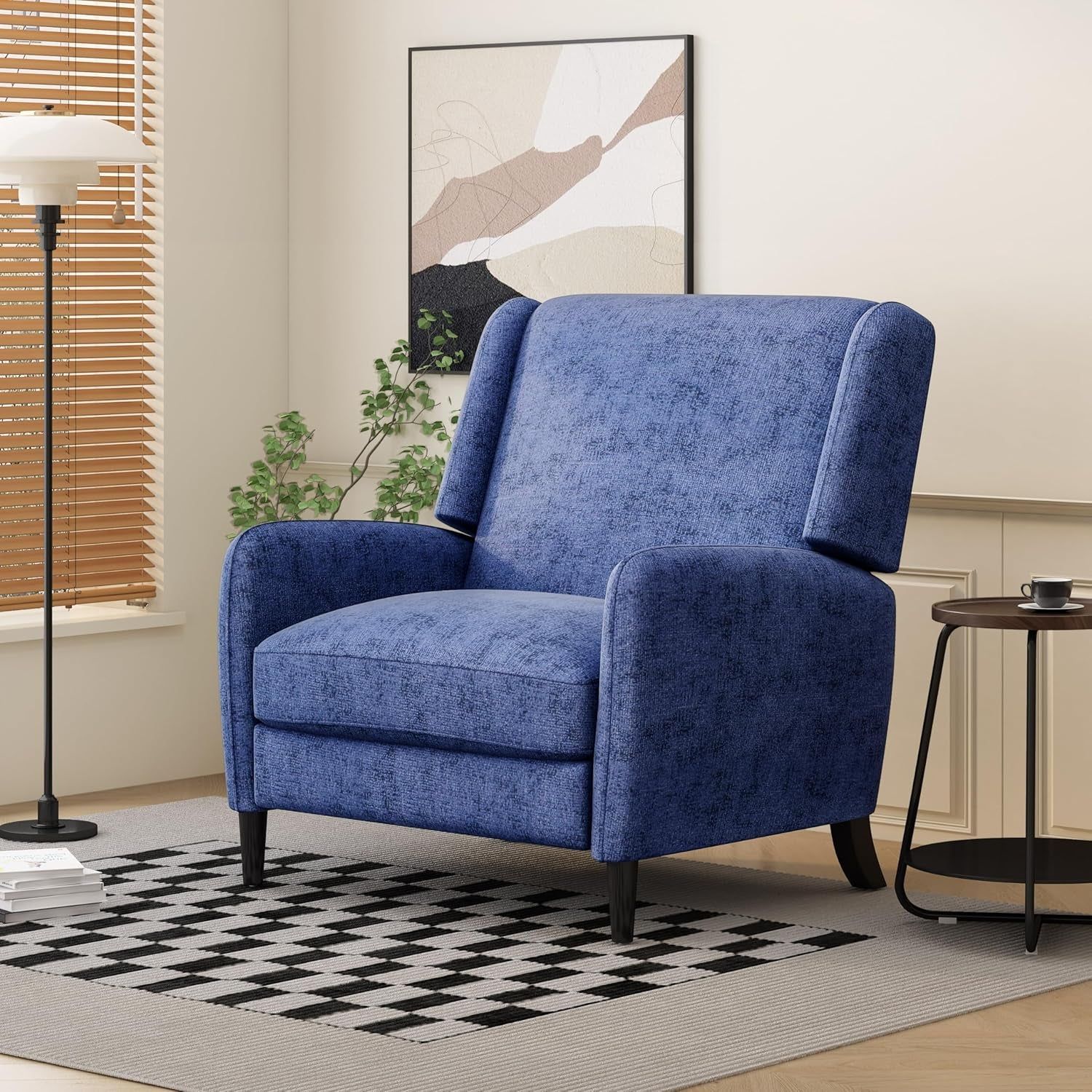 Oversized Pushback Recliner, Textured Fabric Push Back Chair with Padded Seat for Living Room Bedroom, Navy Blue