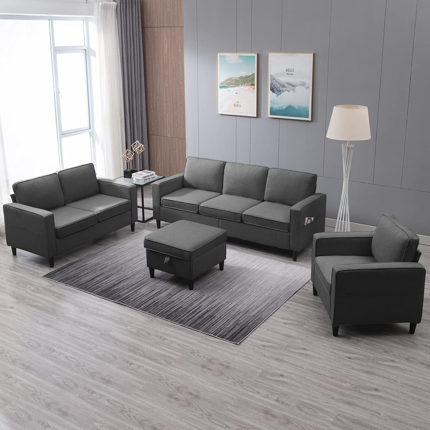 78&quot; 4 Piece Living Room Sofa Set, 3 Seater Sofa with Storage Ottoman and Loveseat and Armchair Furniture Set, Modern Linen L Shaped Sectional Couches for Living Room Apartment (Dark Grey)