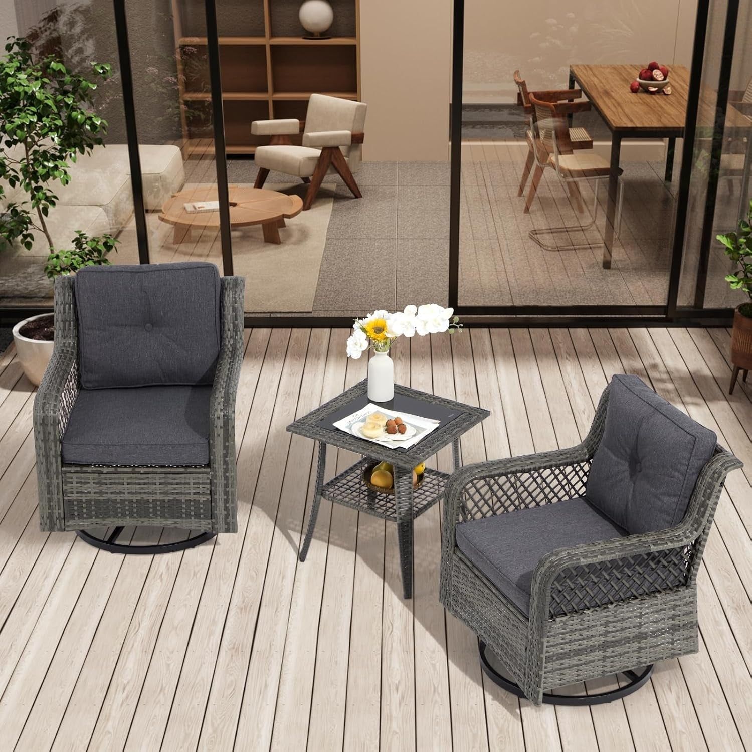 3 Pieces Outdoor Swivel Chair, Wicker Patio Bistro Set with Rocking Chair, Side Table for Garden Porch Backyard(Dark Grey)