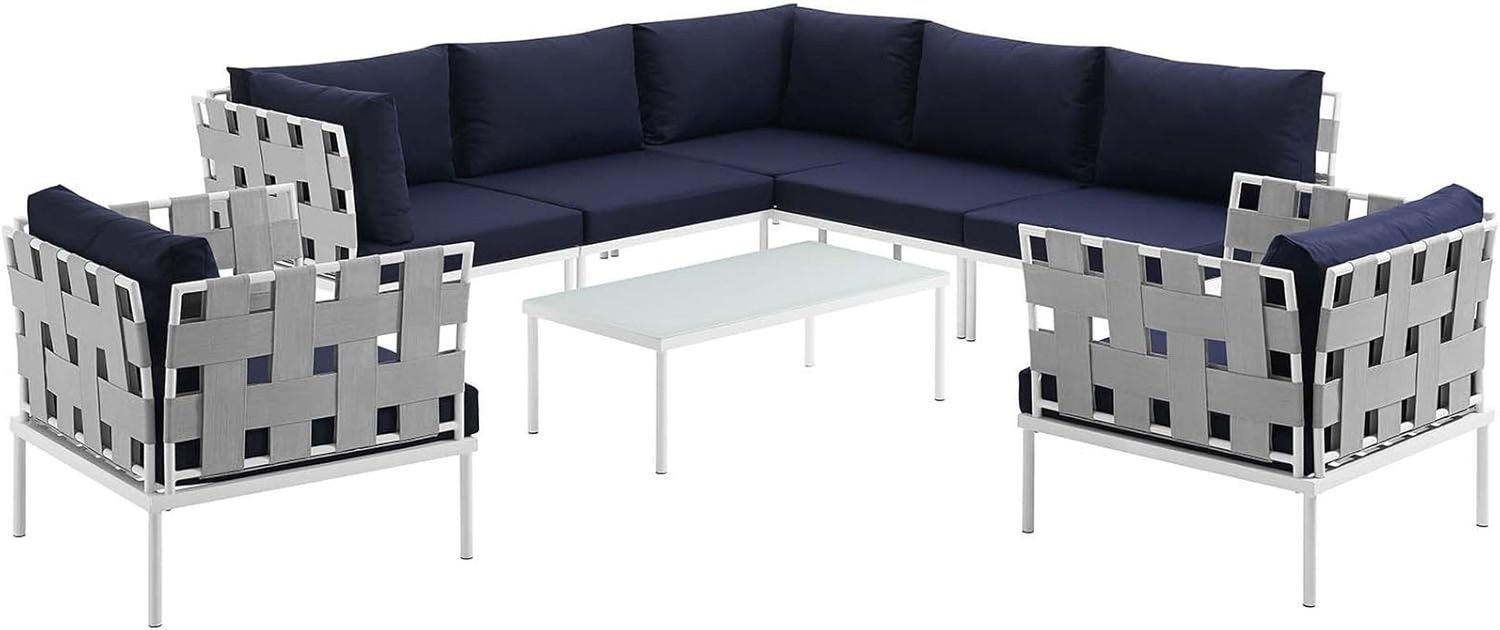 Harmony 8-Piece Aluminum Outdoor Patio Furniture Sectional Sofa Set with Cushions in White Navy