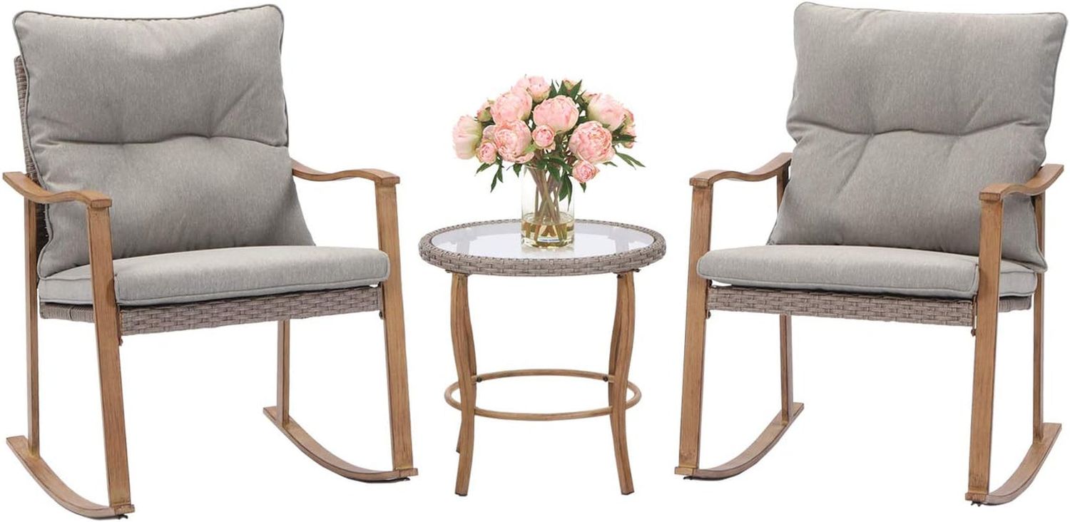 3-Piece Outdoor Rocking Chairs Bistro Set Wicker Patio Furniture Set Wood Arm Rest Patio Rockes Set W Warm Gray Cushions, Front Porch Rocking Chairs with Glass Coffee Table for Balcony,Garden